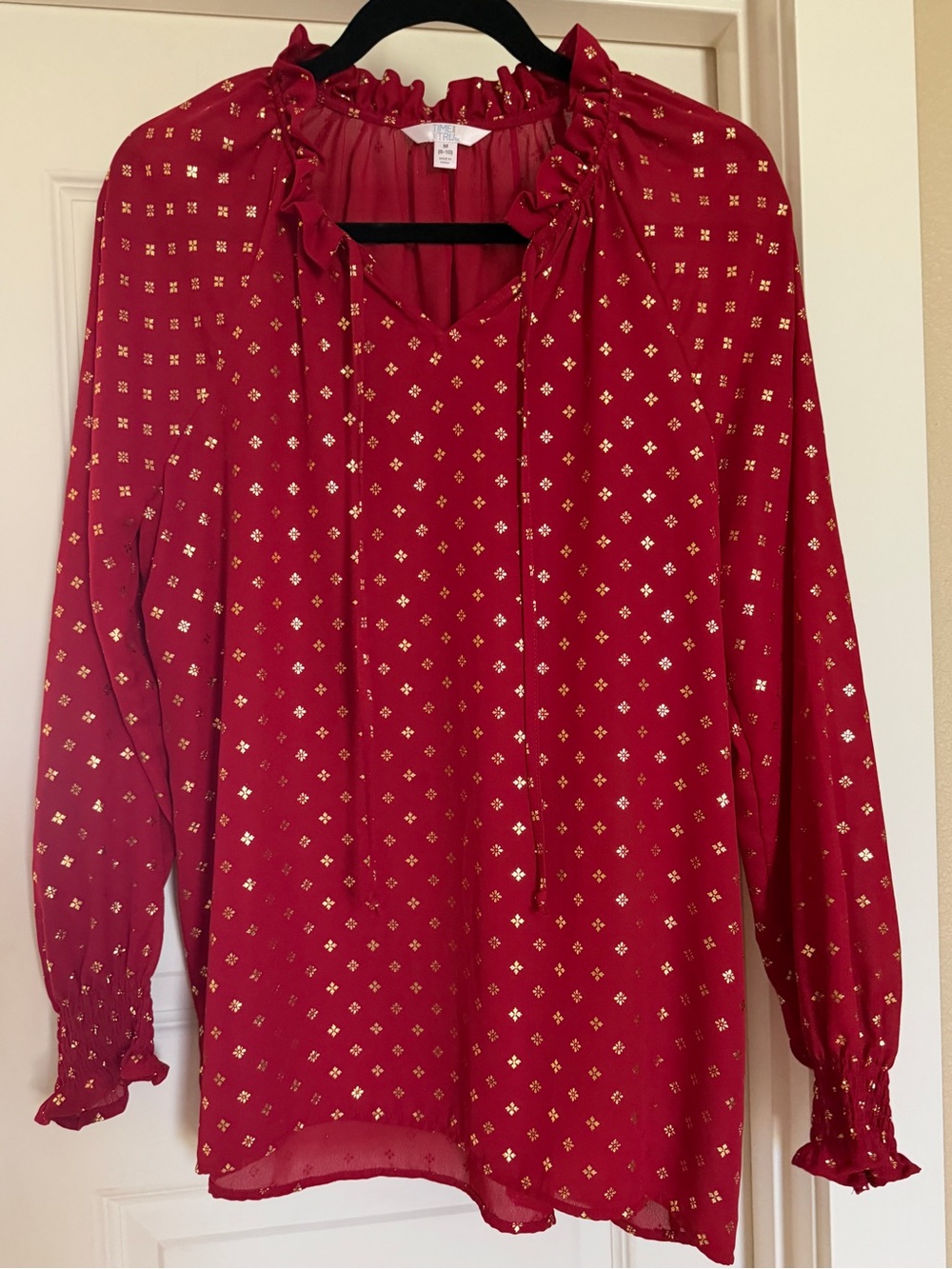 Time and Tru Red Blouse with Gold Metallic Dot Print